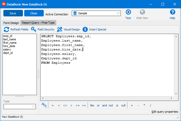 The result of the query validation. The database table fields are now in the pane to the left of the query pane.